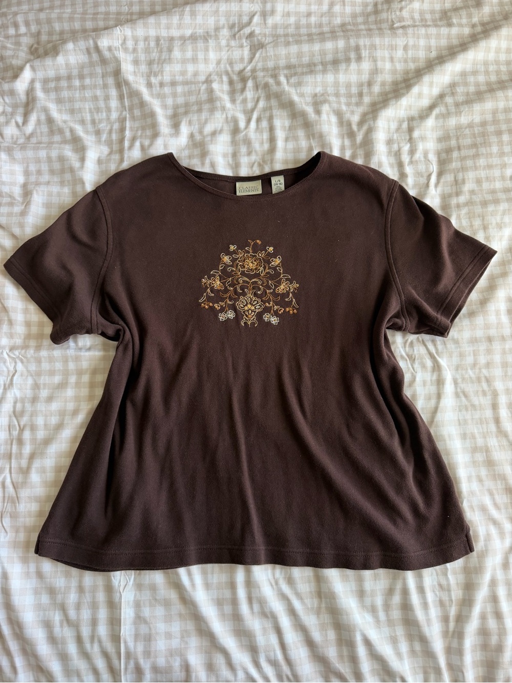 Classic Elements Brown Embroidered Floral Short Sleeve Top (L)
